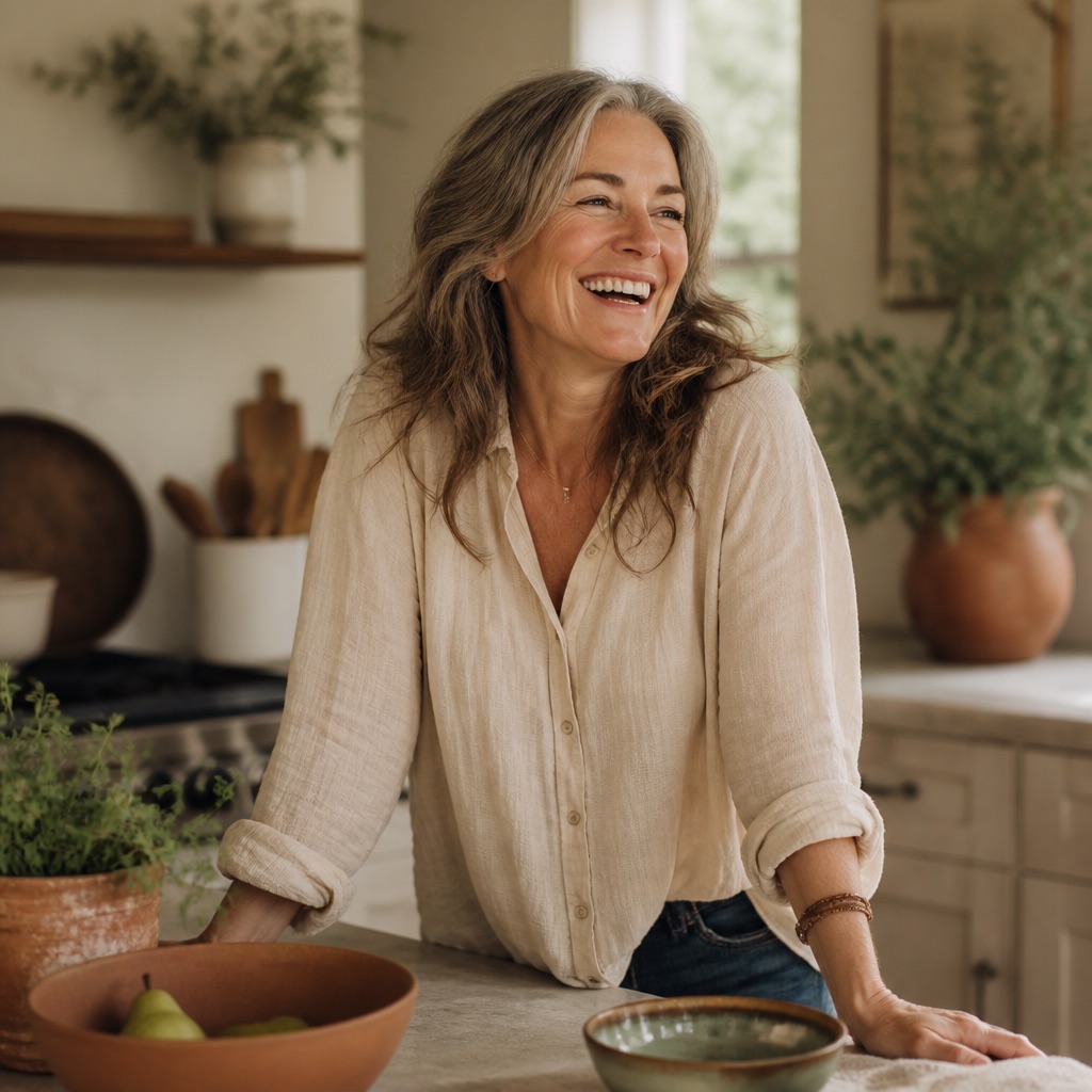 A woman leaning on a kitchen island, mid-laugh