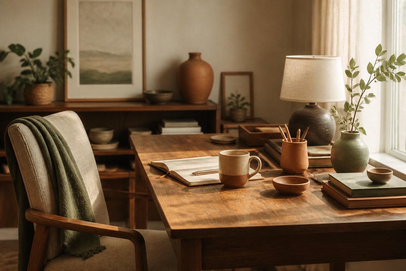A warm home workspace with a wooden desk and an open notebook