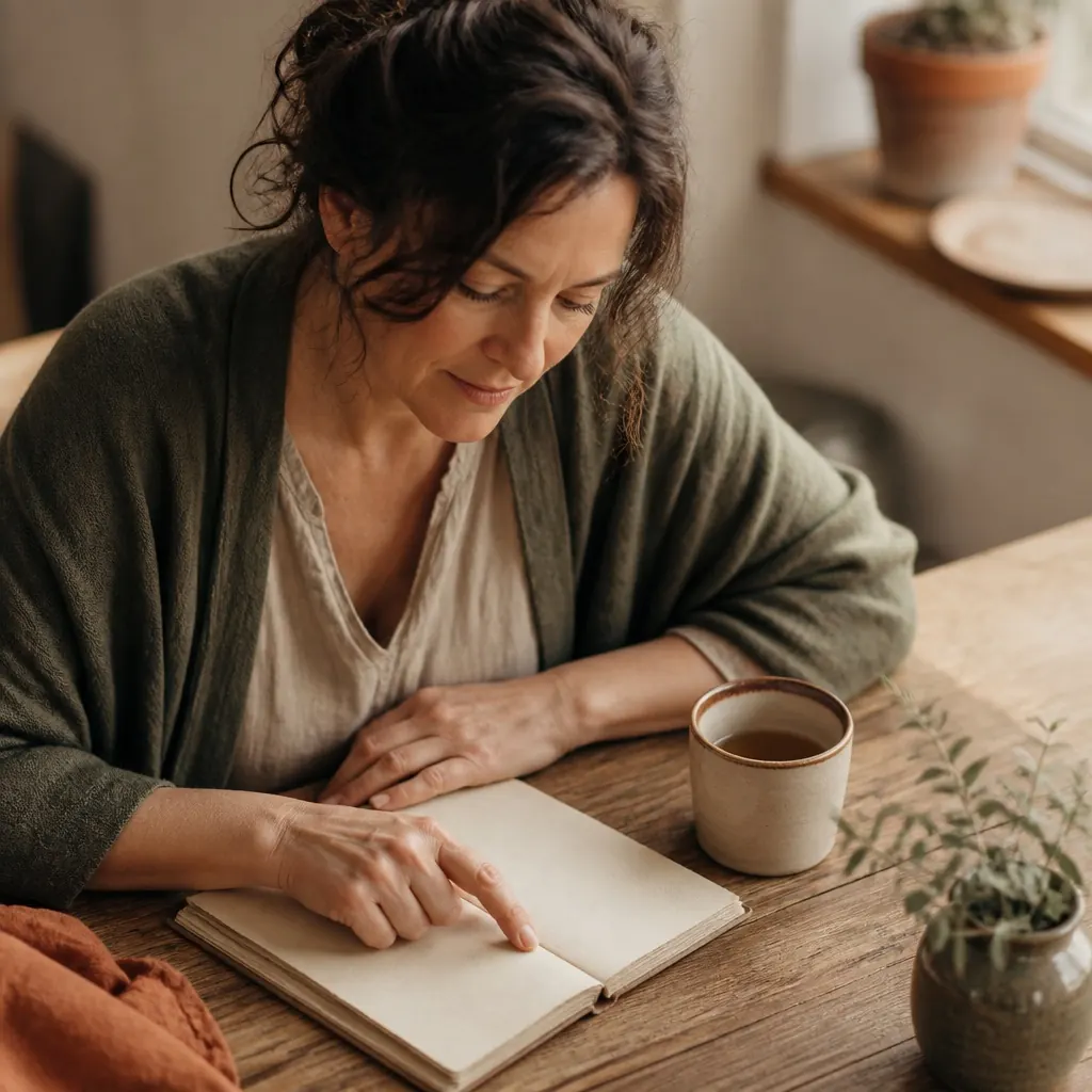 A woman tracing a line down the page of a journal