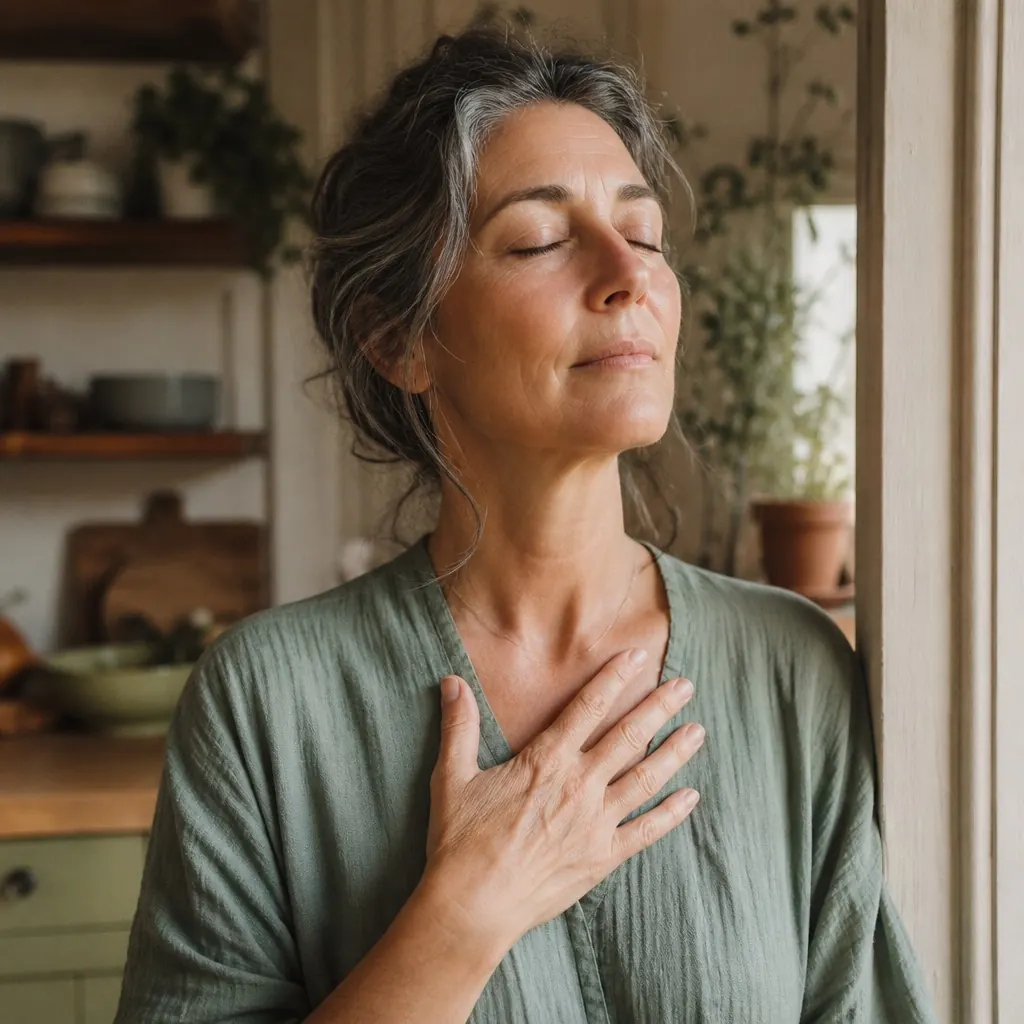 A woman pausing with a hand on her chest, taking a slow breath