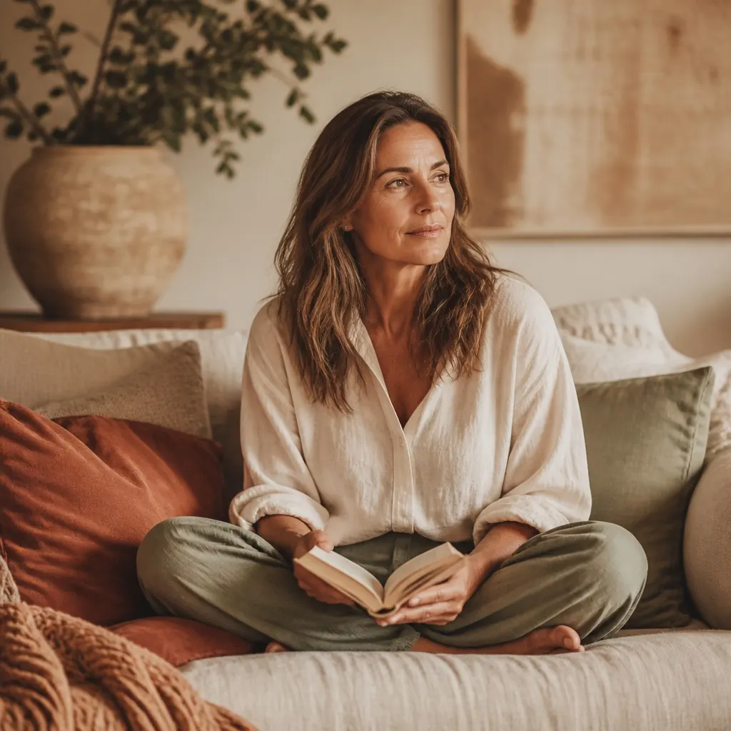 A woman sitting with an open book in a sunlit room