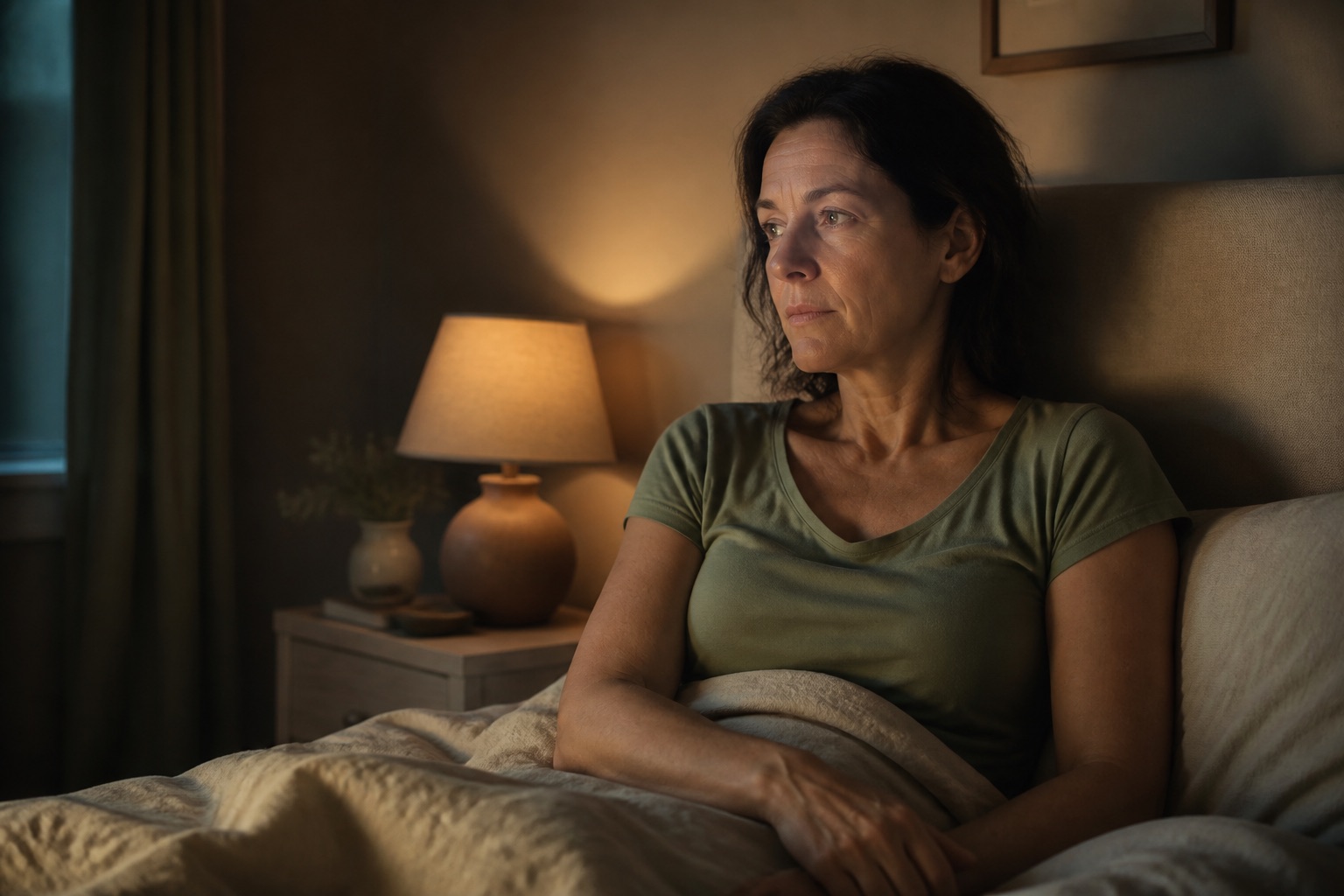 A woman awake in a dim bedroom at night