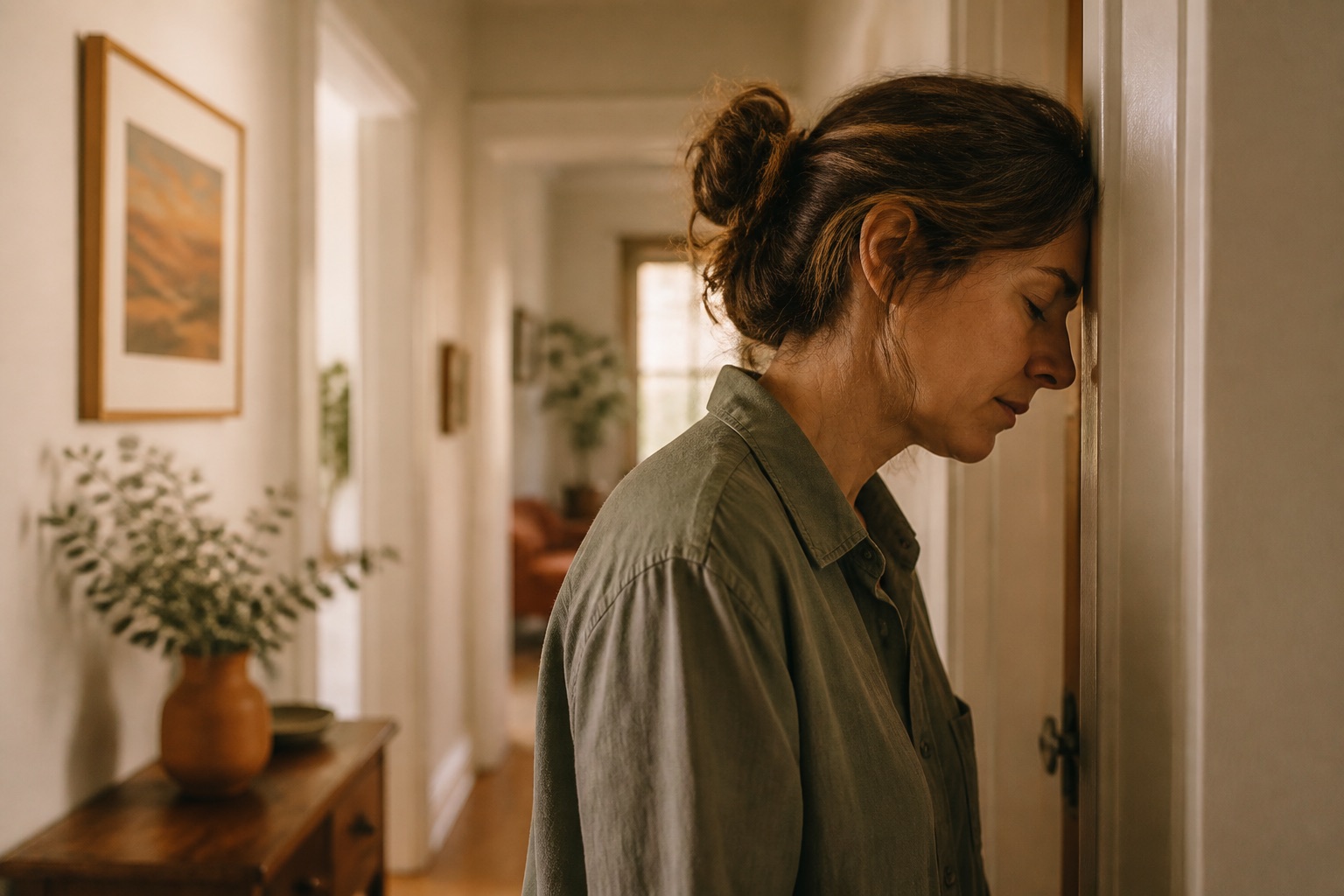 A woman resting her forehead against a doorframe