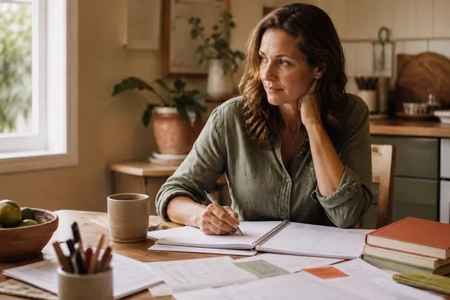 A woman at a table covered in lists and calendars