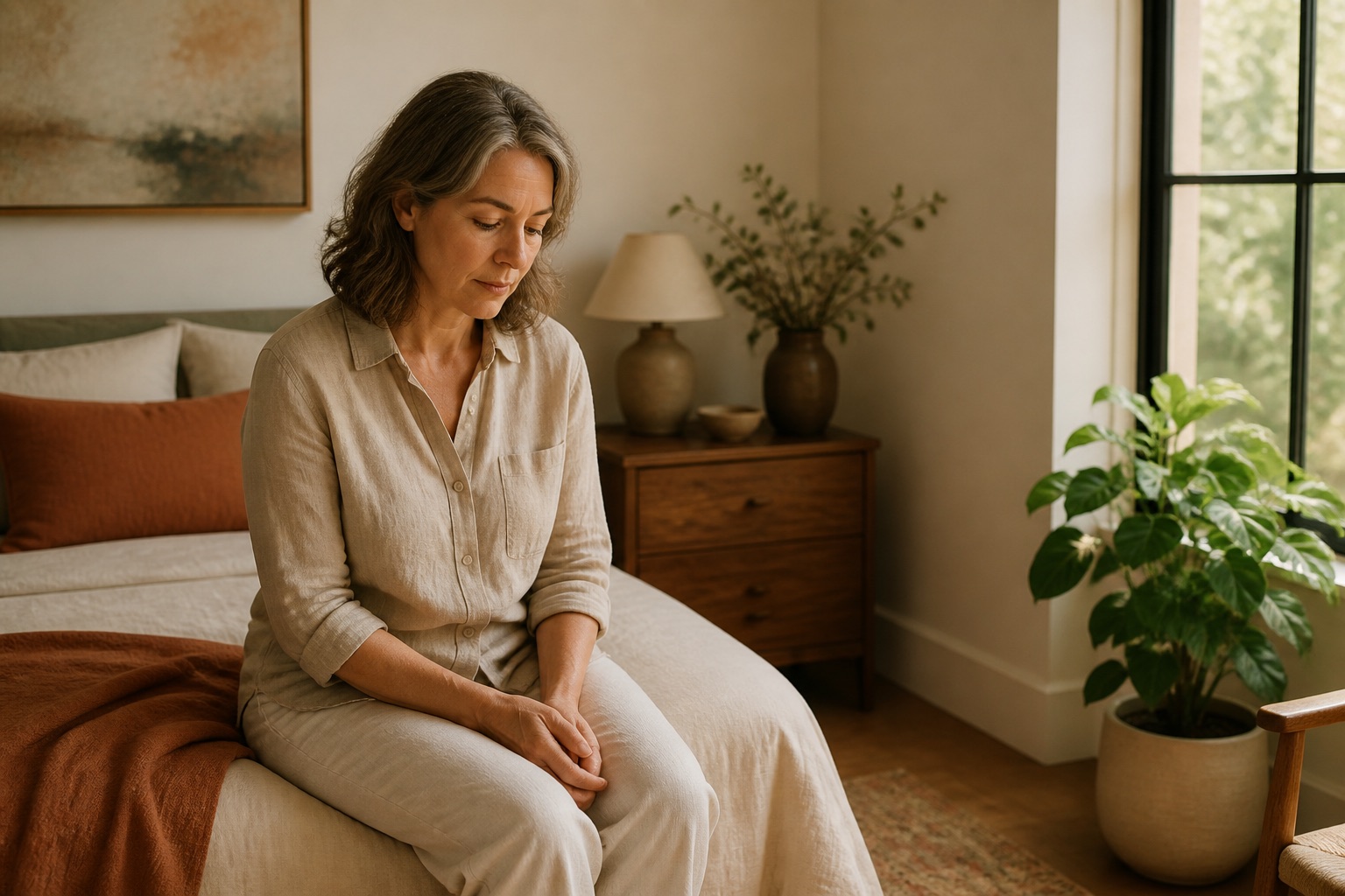 A woman sitting on the edge of a bed in a quiet room