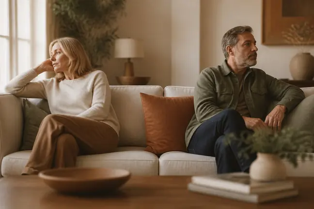 Two people on a sofa turned slightly away from each other
