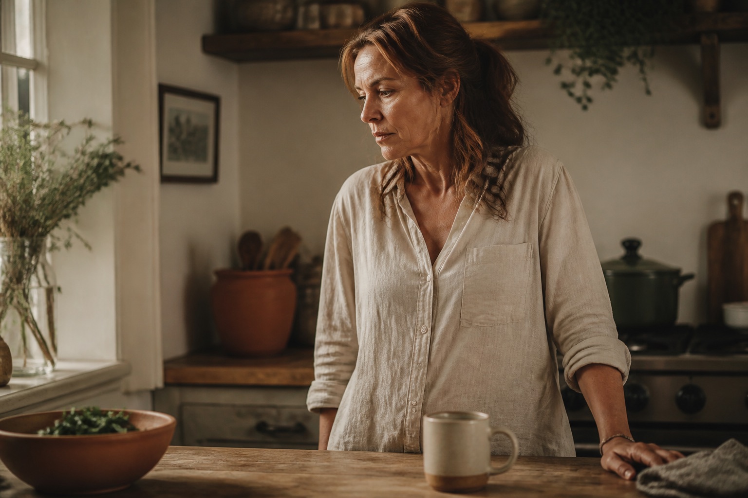 A woman at a kitchen counter, jaw softening
