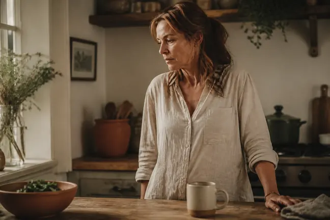 A woman at a kitchen counter, jaw softening