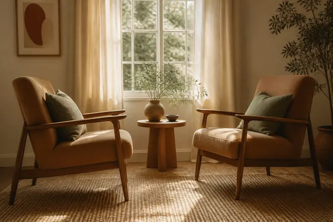 Two empty armchairs facing each other by a window