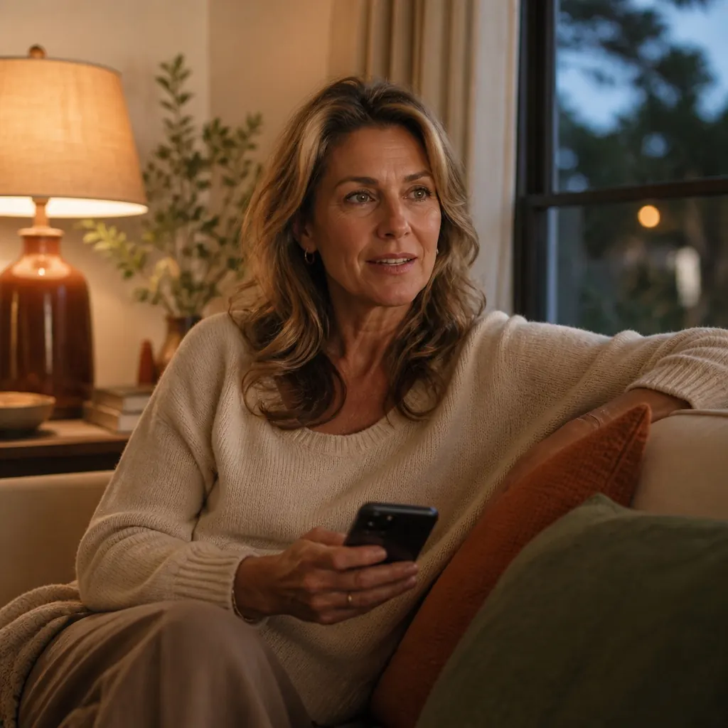 A woman on a couch at dusk holding a phone
