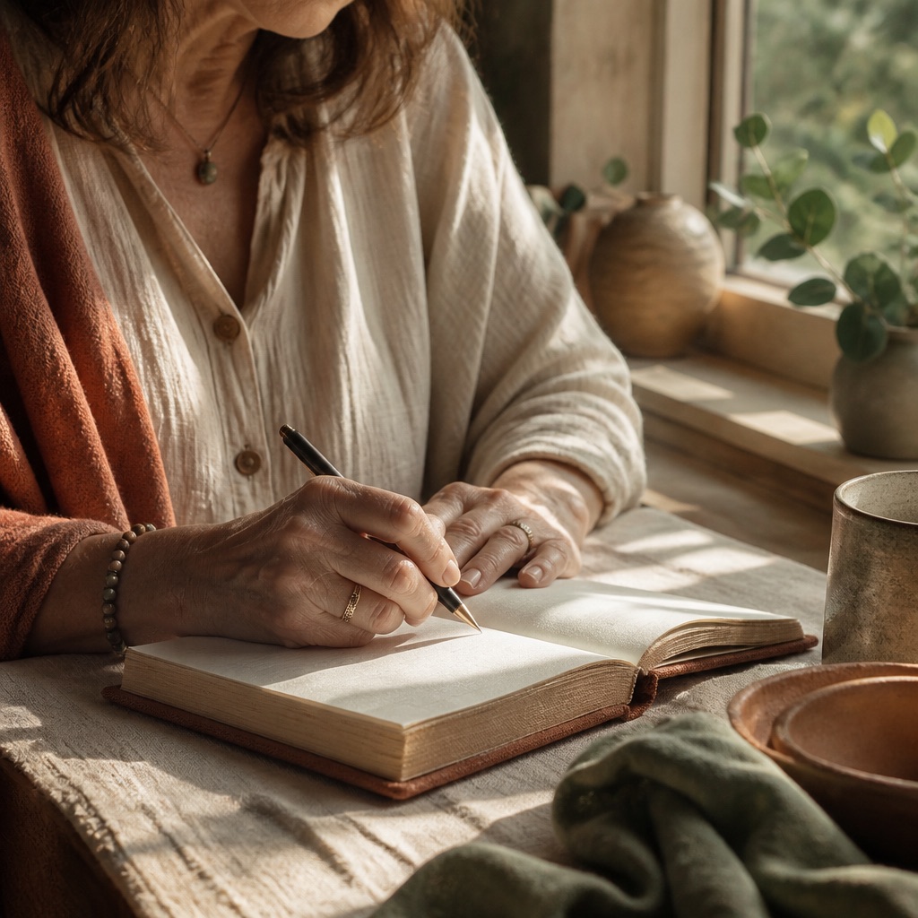 Hands writing in a cloth-bound journal at a window