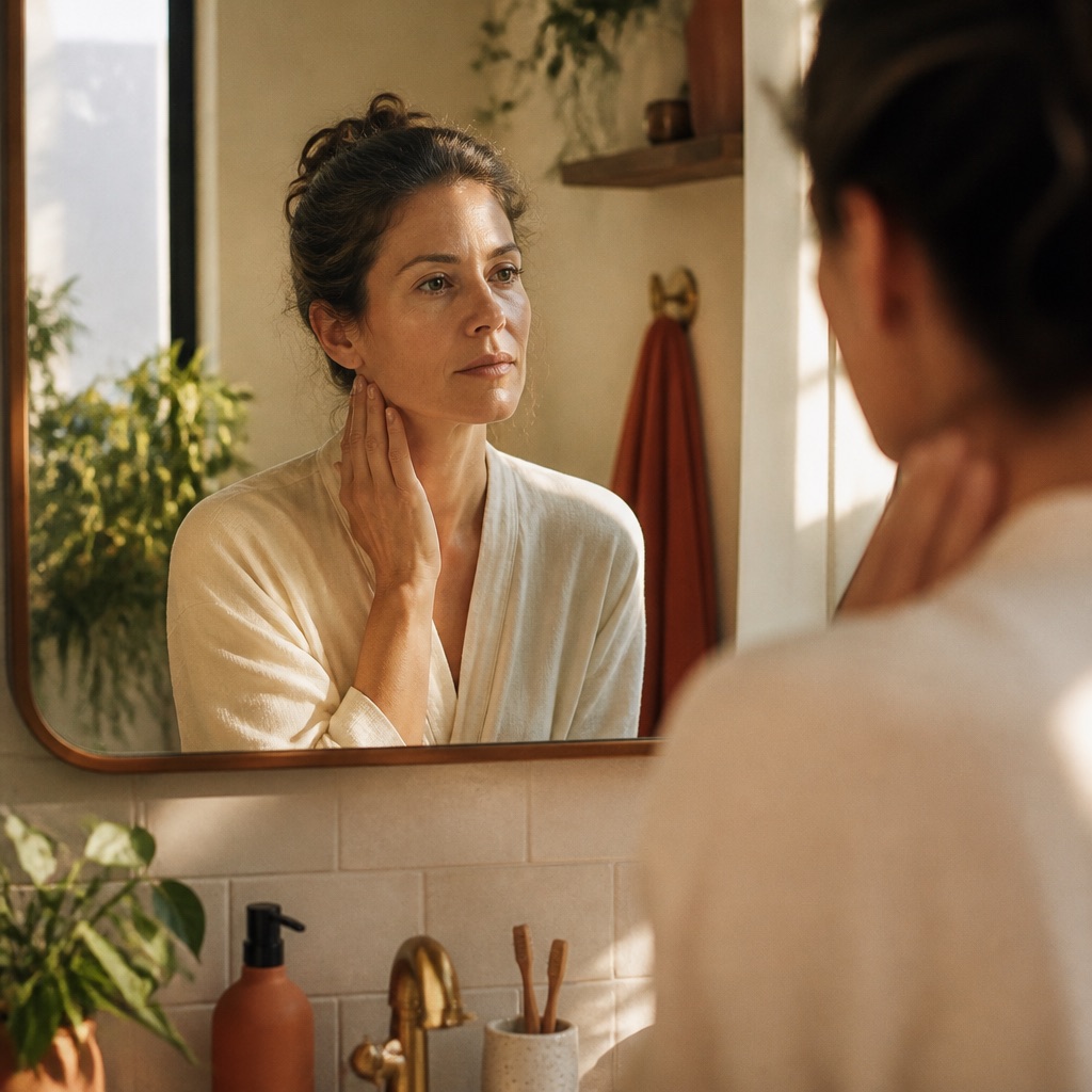 A woman at a mirror in warm morning light