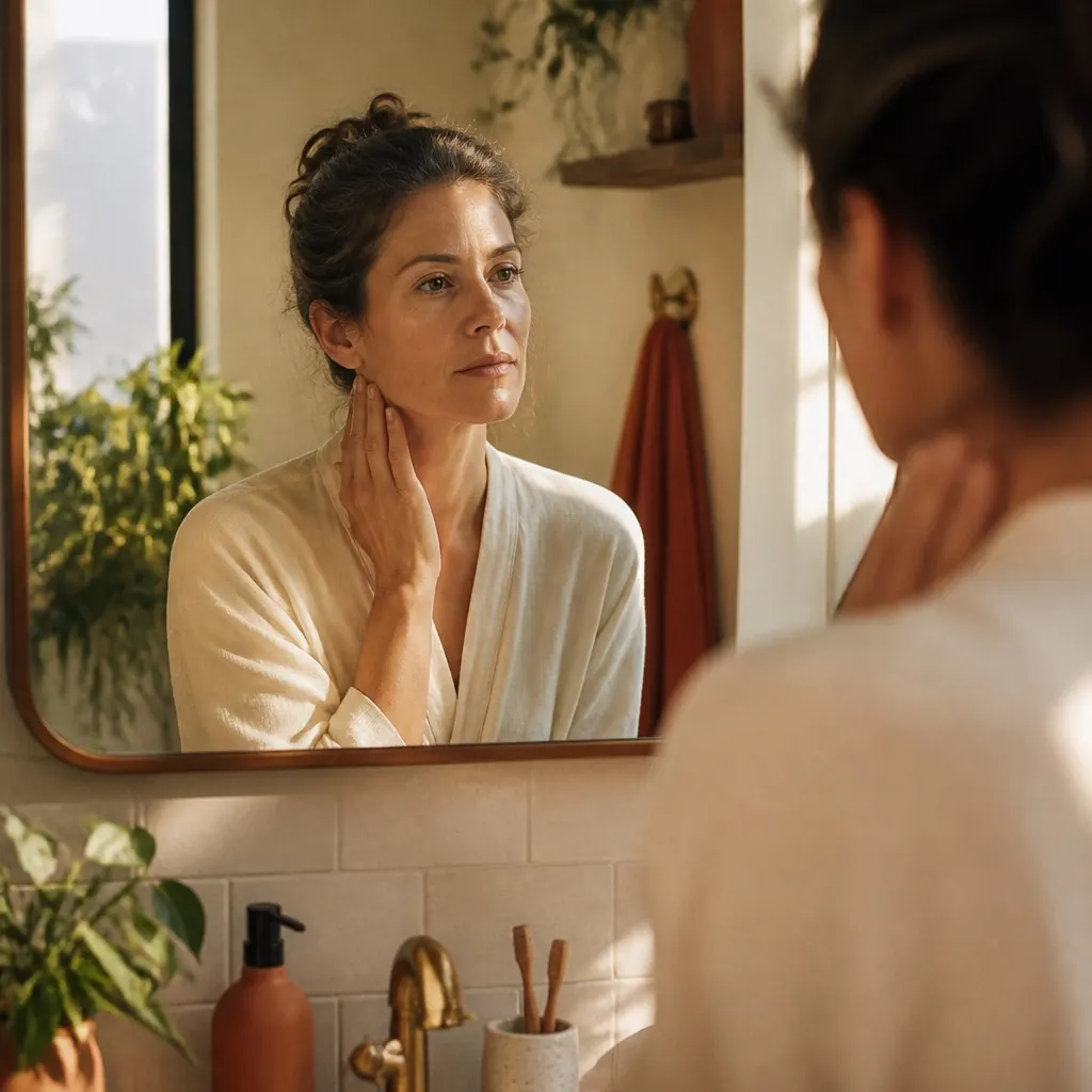 A woman at a mirror in warm morning light